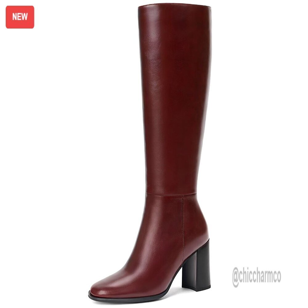 Knee High Boots Round Toe Chunky Heel Side Zip Fashion Tall Boots